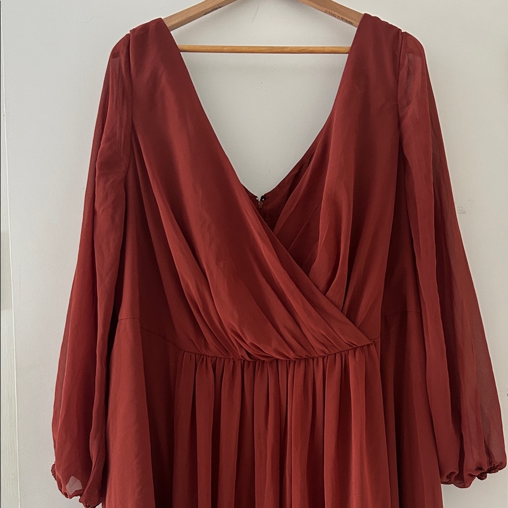 Long Sleeve V-Neck Rust Red Wrap Dress